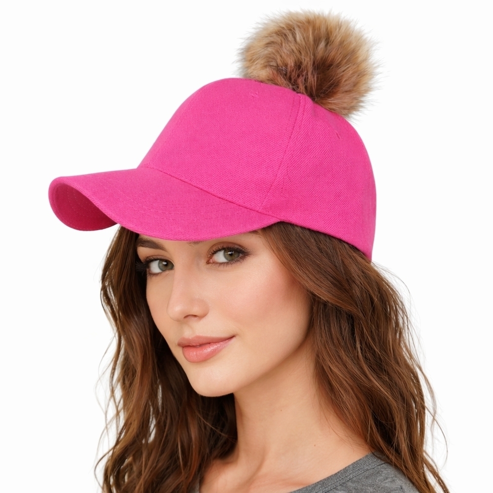 Pinkโ pom pom baseball cap faux fur NEW